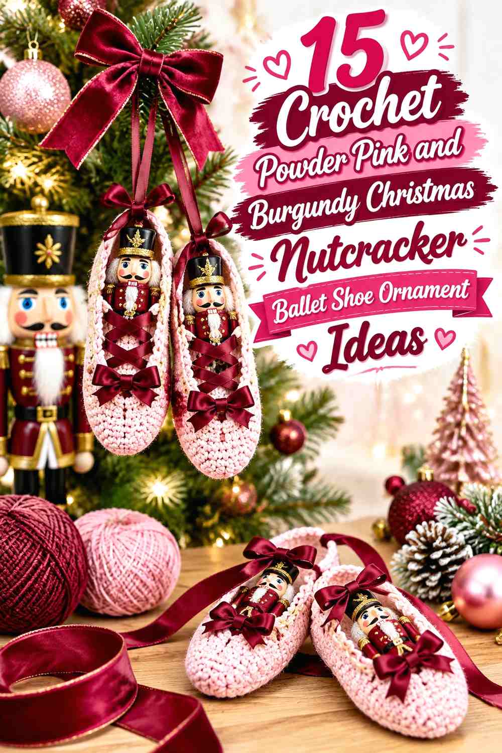 Crochet Powder Pink and Burgundy Christmas Nutcracker Ballet Shoe Ornament Ideas