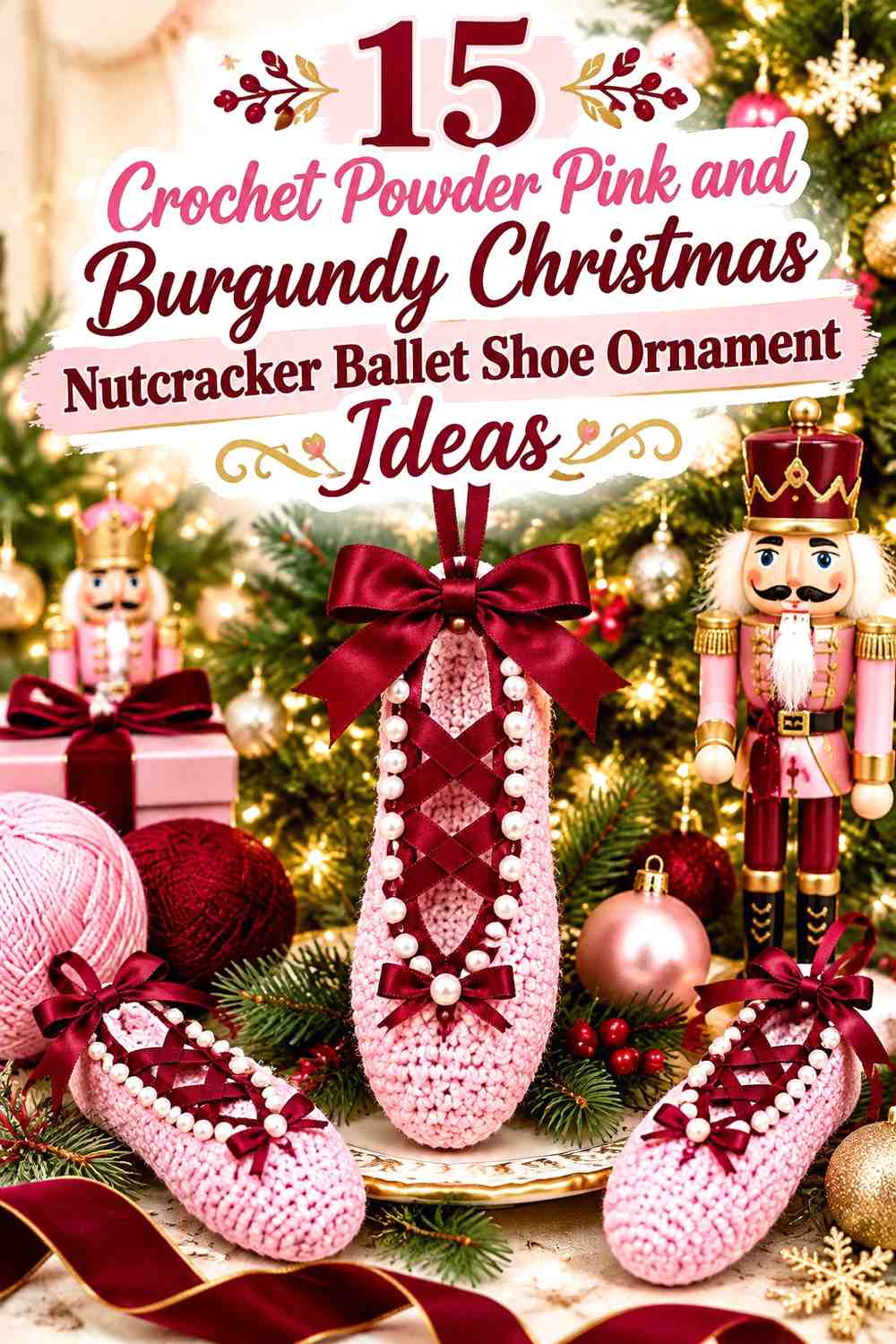 Crochet Powder Pink and Burgundy Christmas Nutcracker Ballet Shoe Ornament Ideas