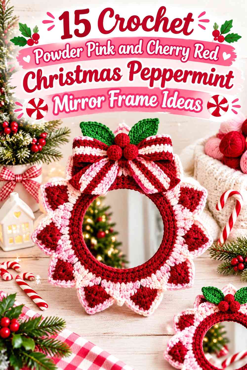 Crochet Powder Pink and Cherry Red Christmas Peppermint Mirror Frame Ideas