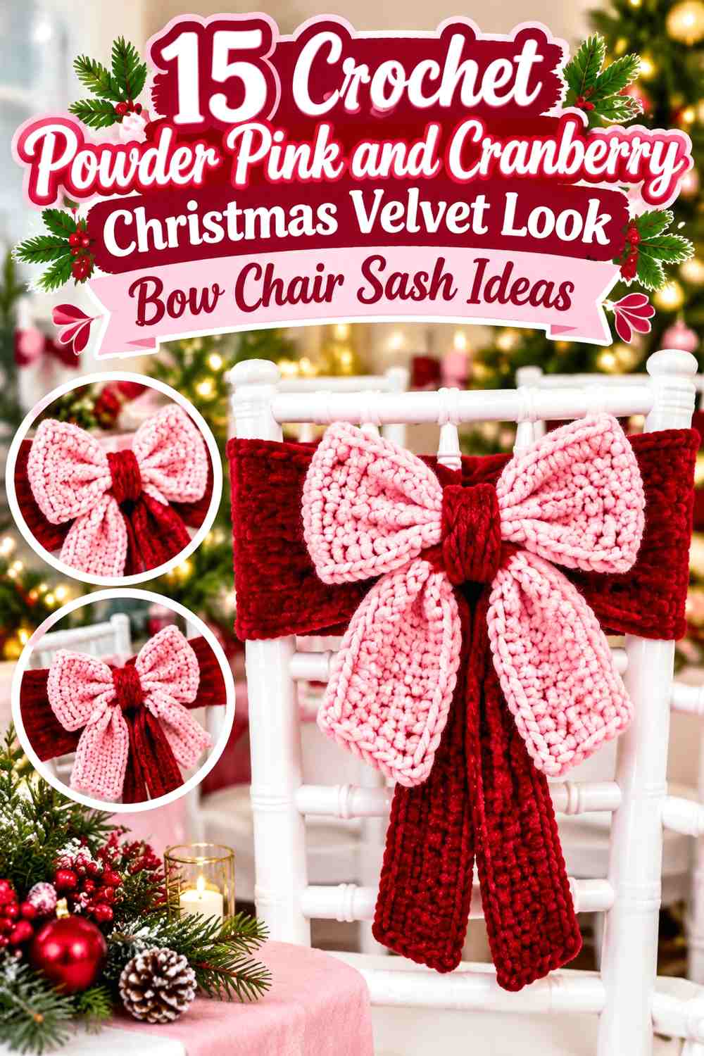 Crochet Powder Pink and Cranberry Christmas Velvet Look Bow Chair Sash Ideas