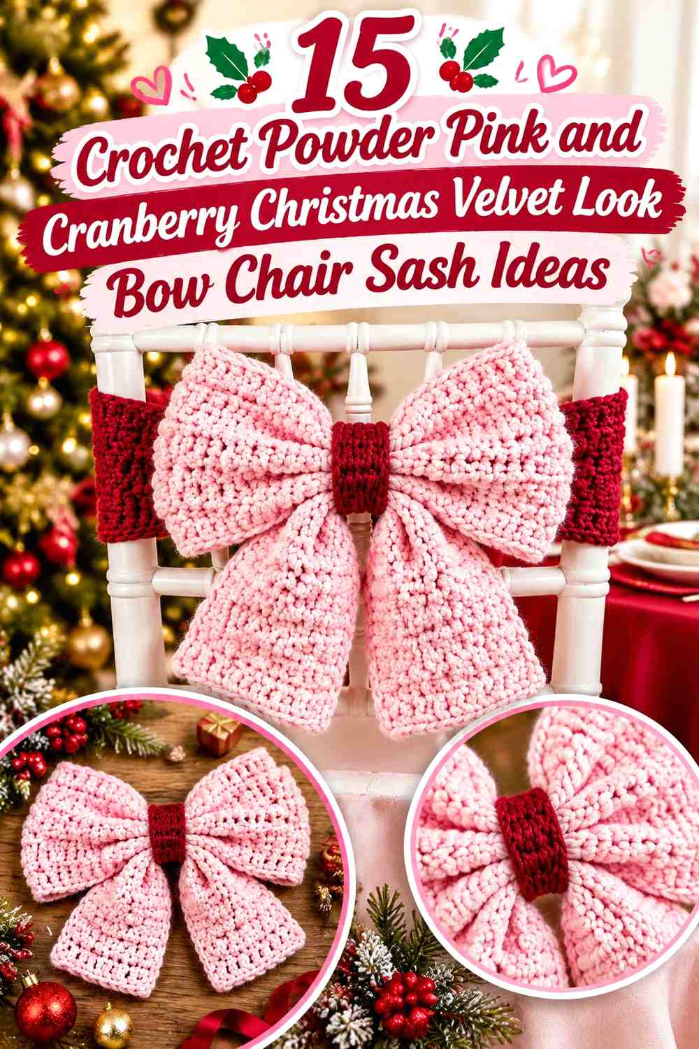 Crochet Powder Pink and Cranberry Christmas Velvet Look Bow Chair Sash Ideas