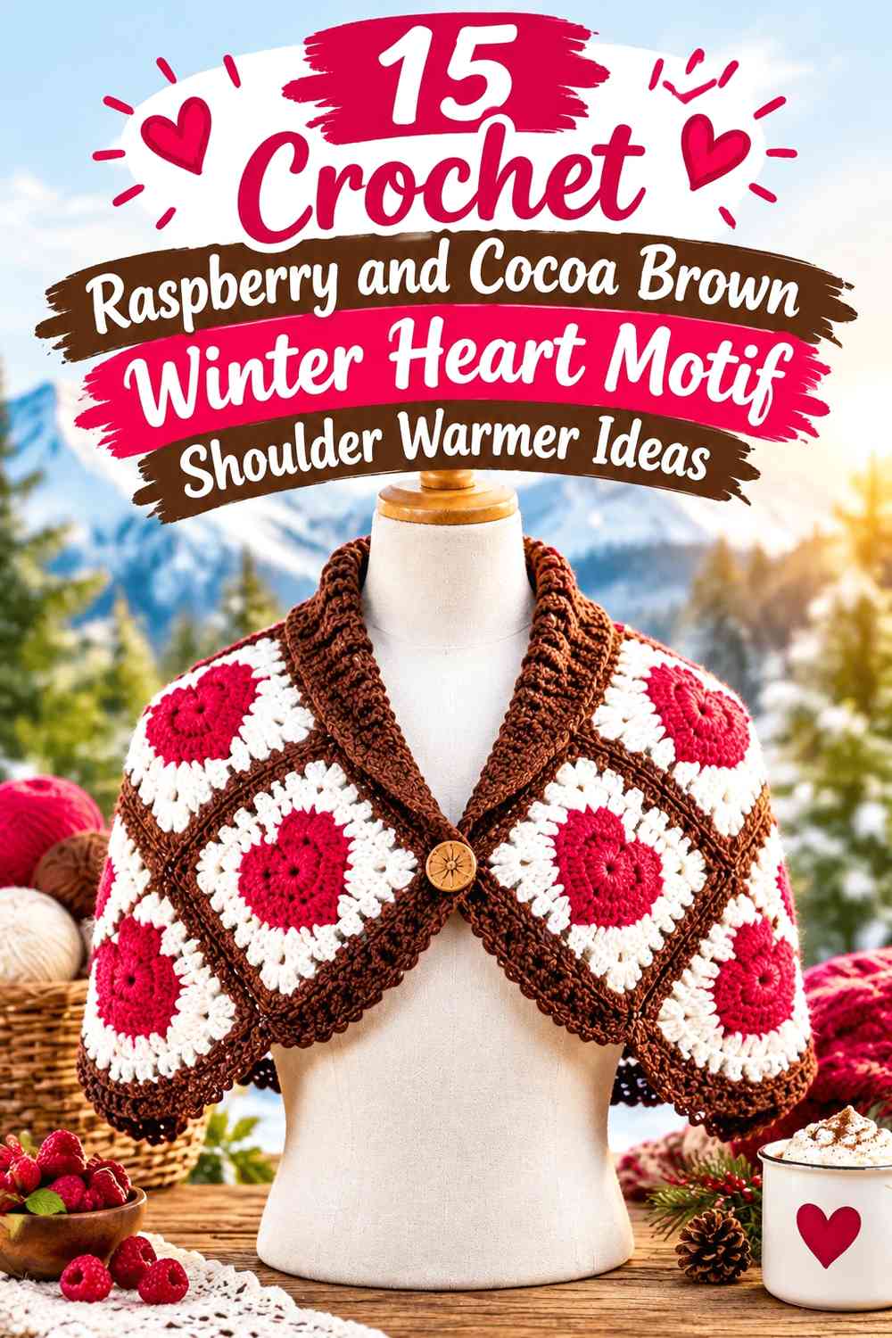 Crochet Raspberry and Cocoa Brown Winter Heart Motif Shoulder Warmer Ideas
