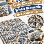 Crochet Smoky Blue and Camel Winter Geometric Bed Runner Ideas