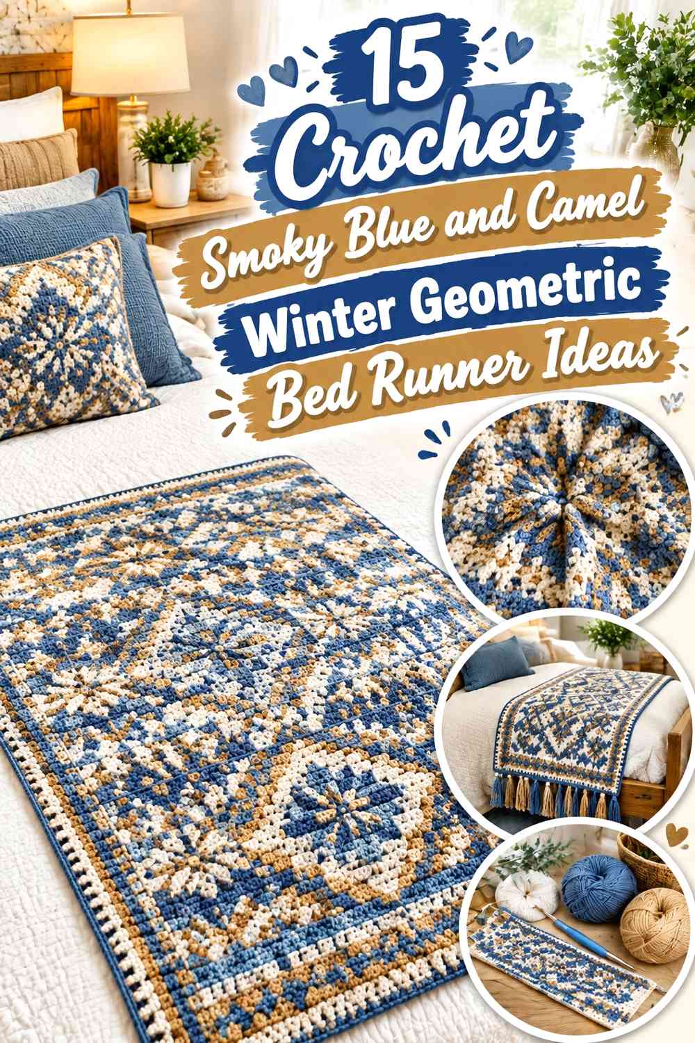 Crochet Smoky Blue and Camel Winter Geometric Bed Runner Ideas