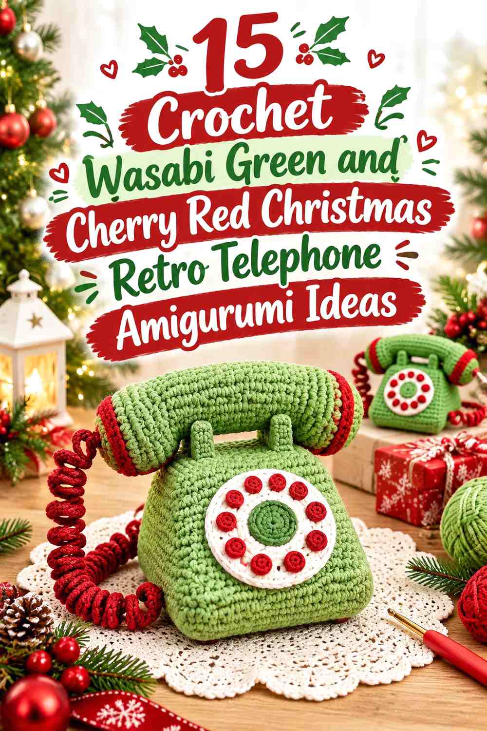 Crochet Wasabi Green and Cherry Red Christmas Retro Telephone Amigurumi Ideas