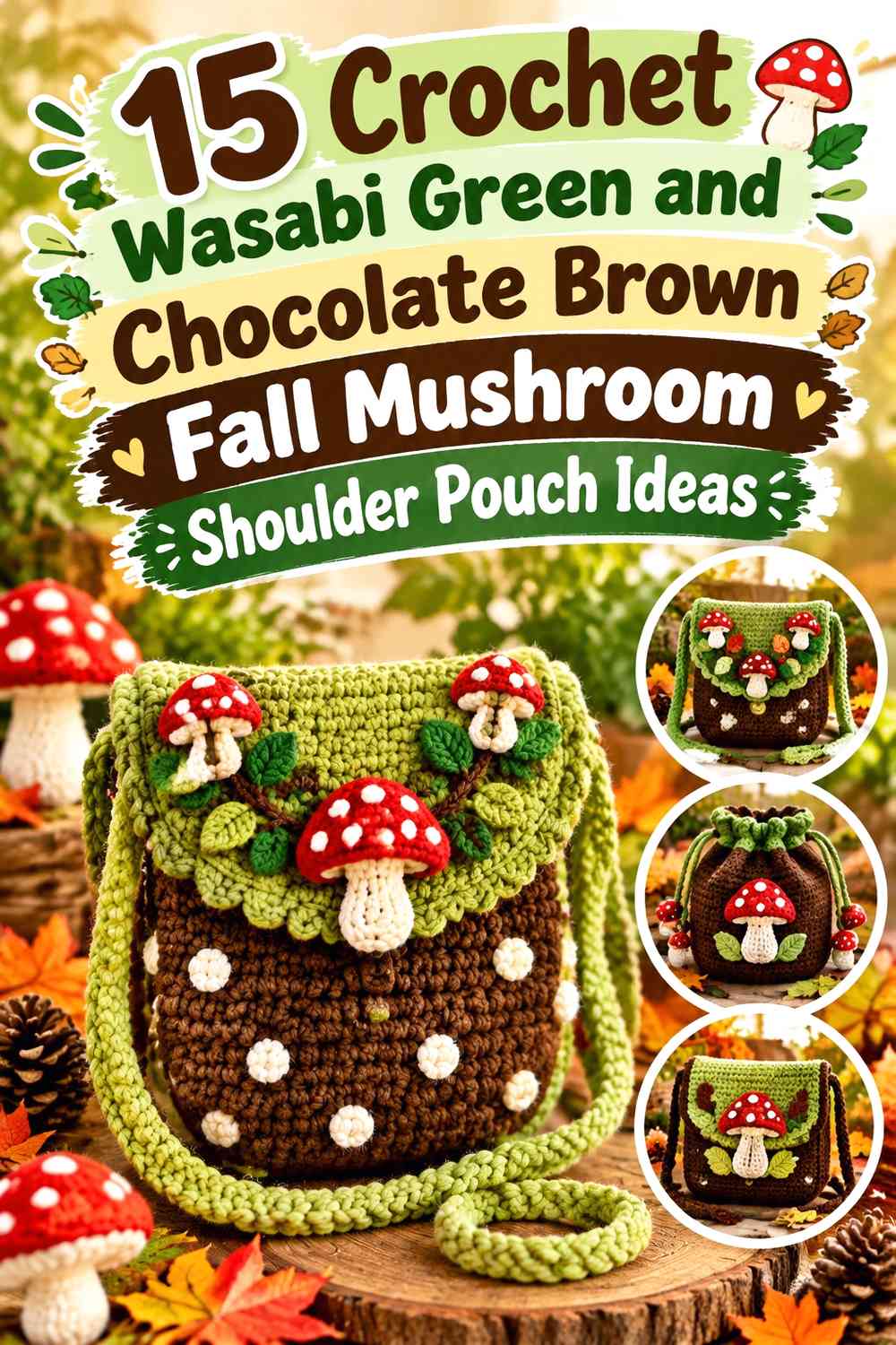 Crochet Wasabi Green and Chocolate Brown Fall Mushroom Shoulder Pouch Ideas