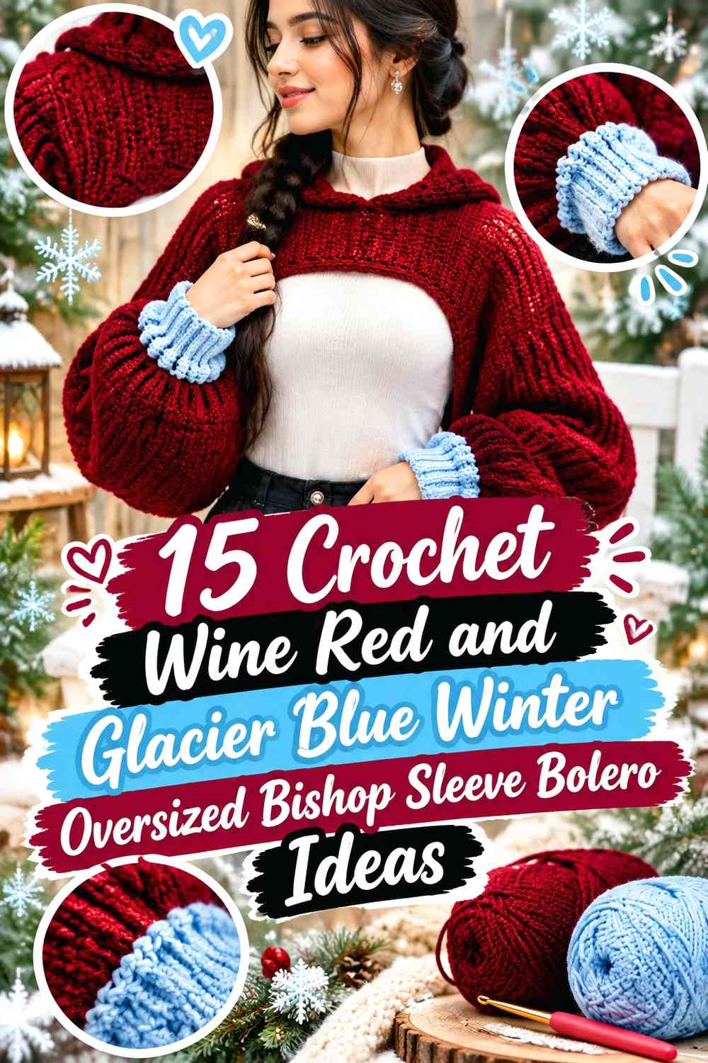Crochet Wine Red and Glacier Blue Winter Oversized Bishop Sleeve Bolero Ideas