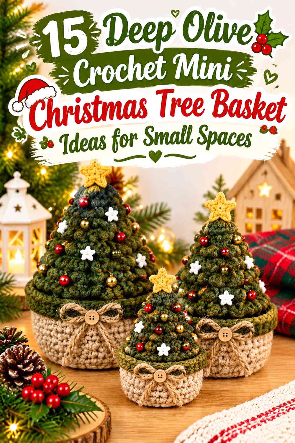 Deep Olive Crochet Mini Christmas Tree Basket Ideas for Small Spaces