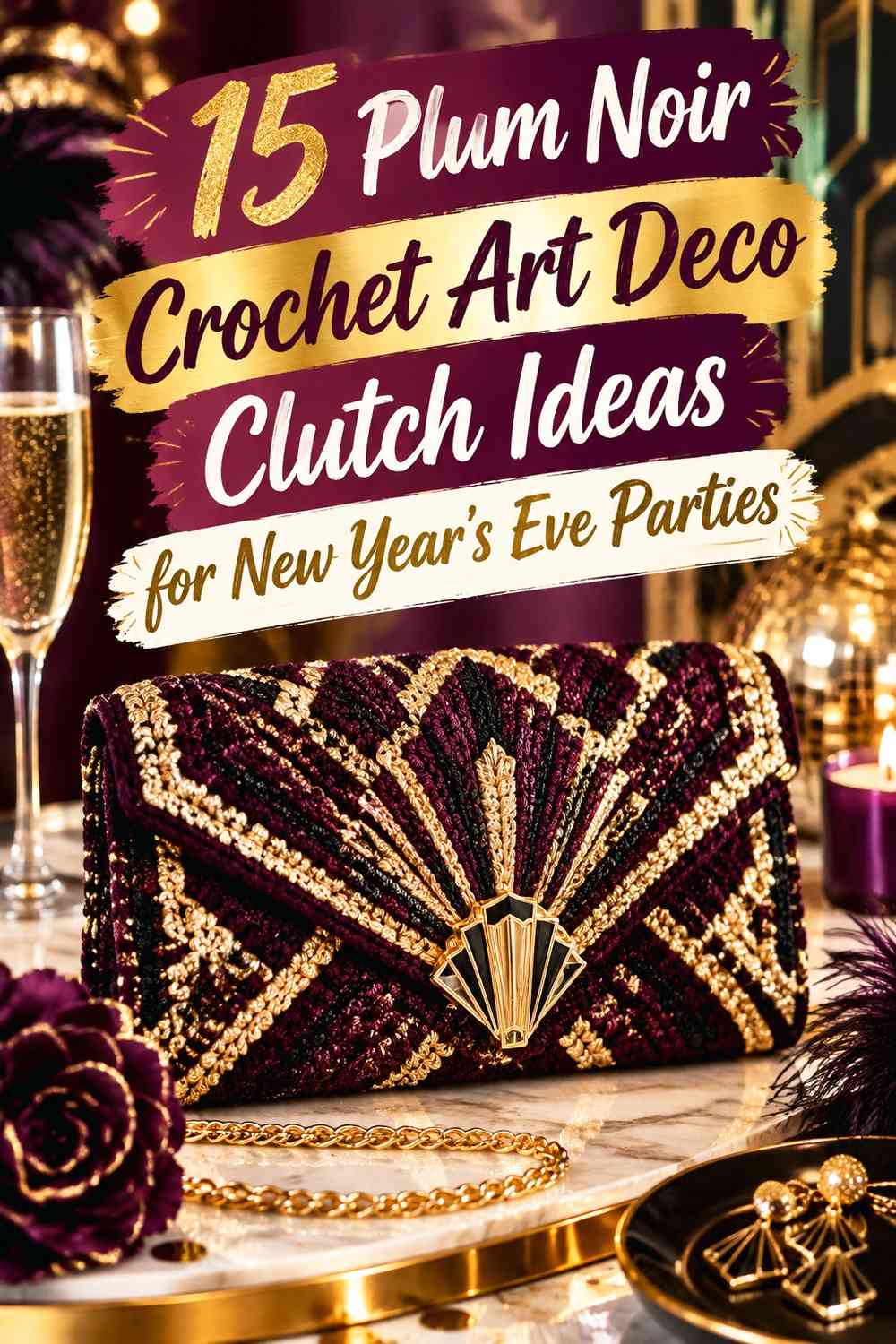 Plum Noir Crochet Art Deco Clutch Ideas for New Year's Eve Parties