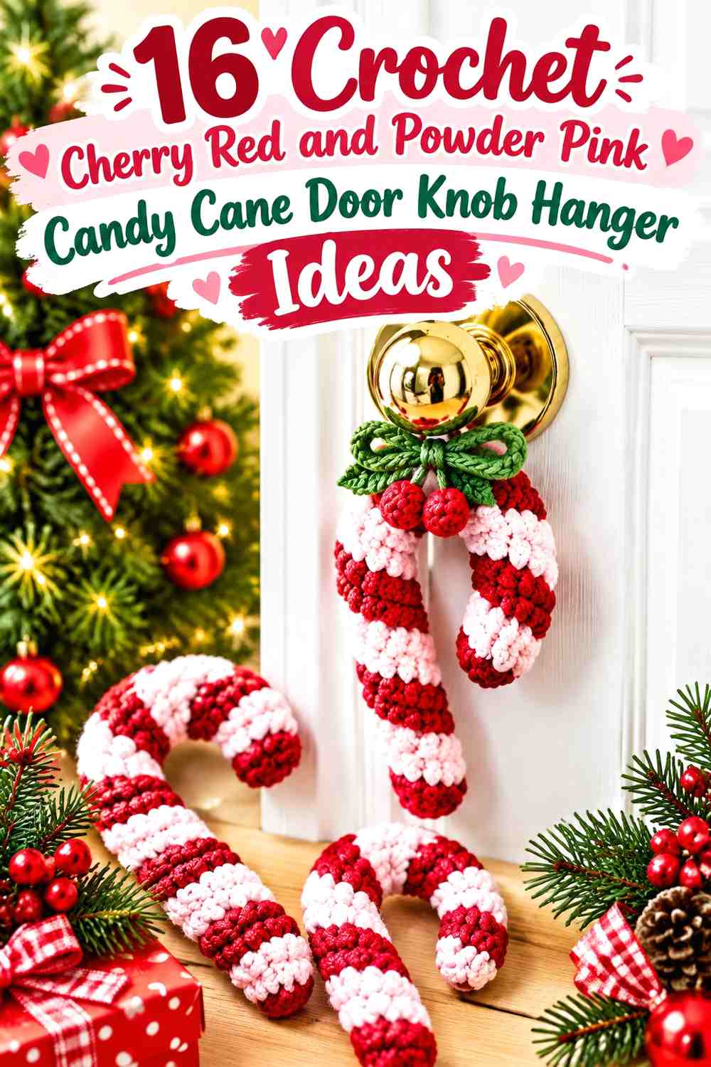 Crochet Cherry Red and Powder Pink Candy Cane Door Knob Hanger Ideas