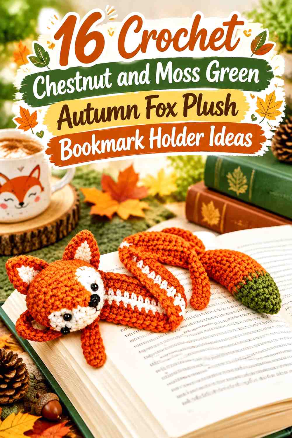 Chestnut and Moss Green Crochet Autumn Fox Plush Bookmark Holder Ideas