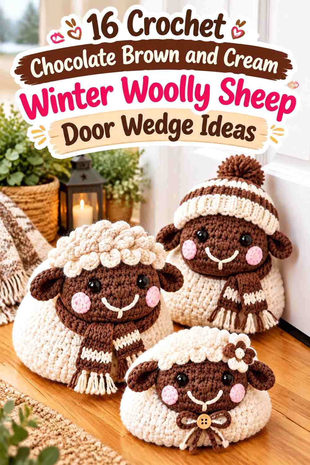 Cream Crochet Sheep Door Wedge With Chocolate Brown Winter Bands