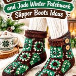Crochet Chocolate Brown and Jade Winter Patchwork Slipper Boots Ideas