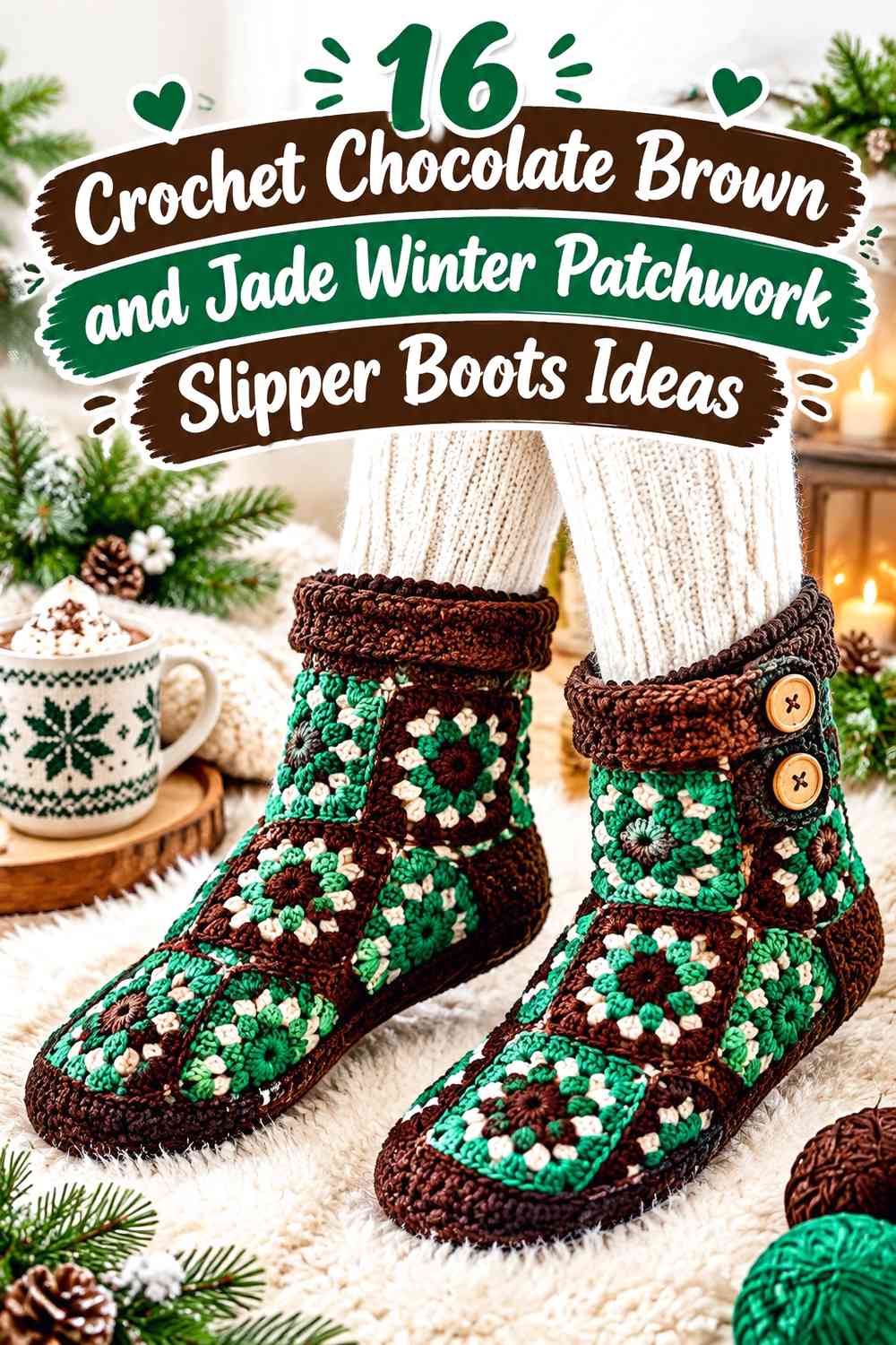 Crochet Chocolate Brown and Jade Winter Patchwork Slipper Boots Ideas
