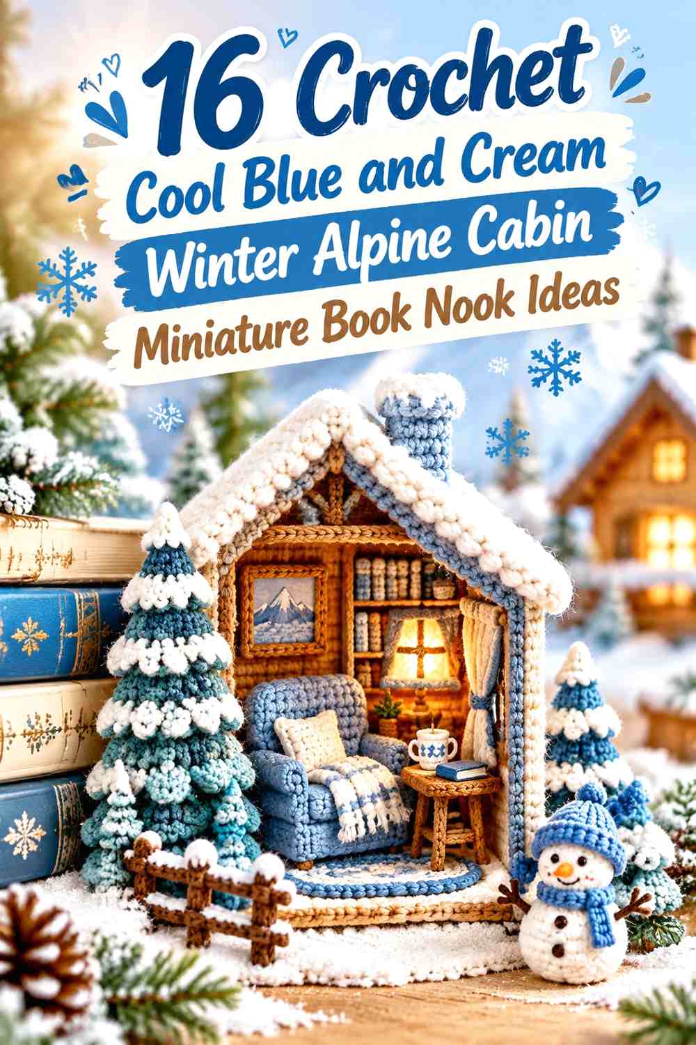 Crochet Cool Blue and Cream Winter Alpine Cabin Miniature Book Nook Ideas