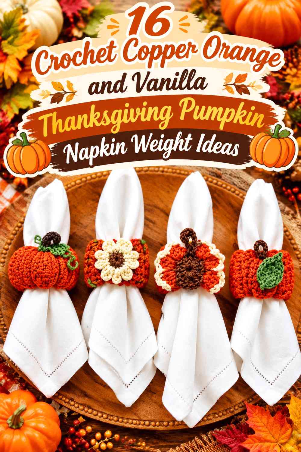Crochet Copper Orange and Vanilla Thanksgiving Pumpkin Napkin Weight Ideas