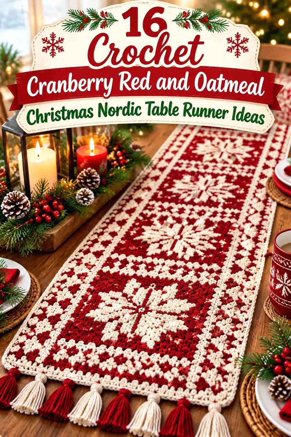 Crochet Cranberry Red and Oatmeal Christmas Nordic Table Runner Ideas