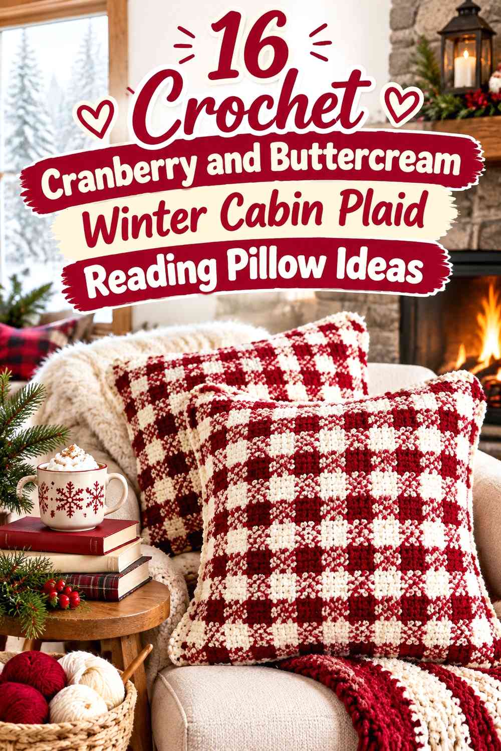 Crochet Cranberry and Buttercream Winter Cabin Plaid Reading Pillow Ideas