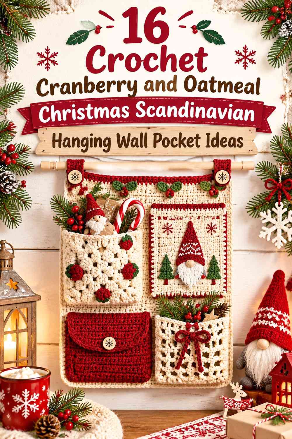 Crochet Cranberry and Oatmeal Christmas Scandinavian Hanging Wall Pocket Ideas