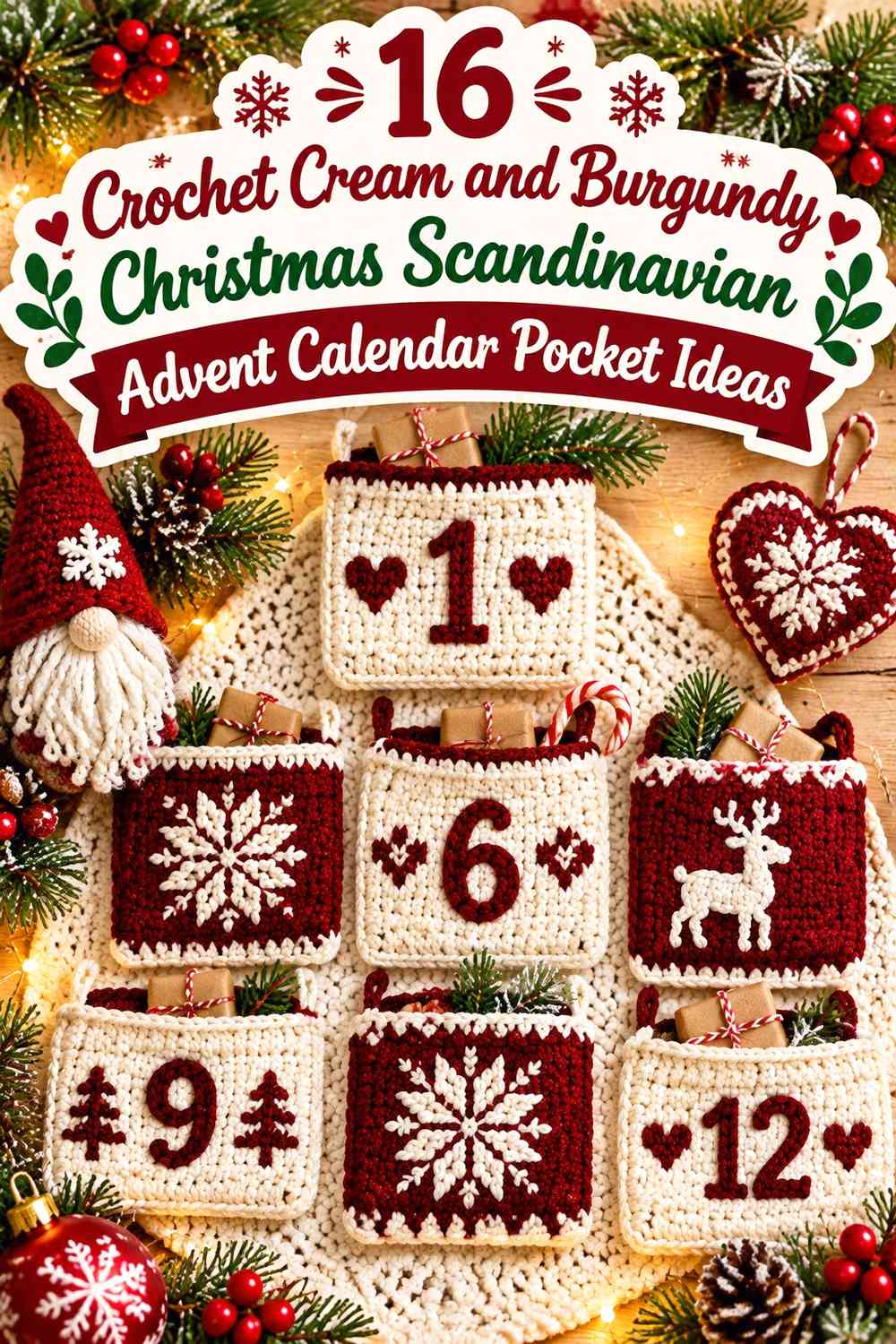 Crochet Cream and Burgundy Christmas Scandinavian Advent Calendar Pocket Ideas