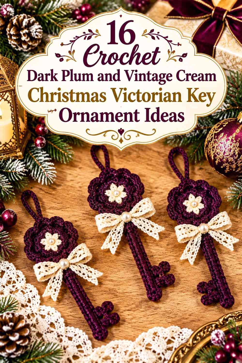 Crochet Dark Plum and Vintage Cream Christmas Victorian Key Ornament Ideas