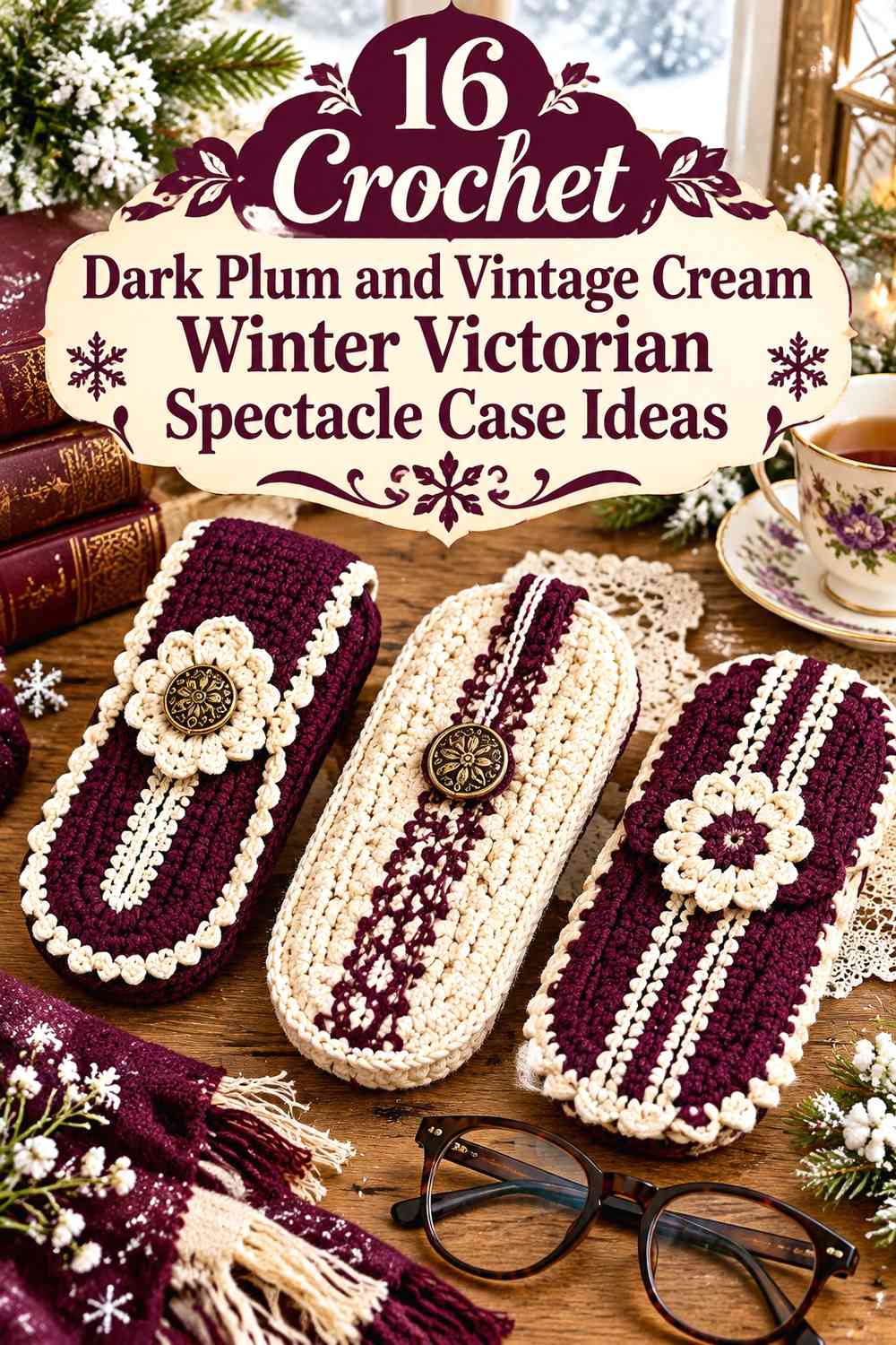 Crochet Dark Plum and Vintage Cream Winter Victorian Spectacle Case Ideas