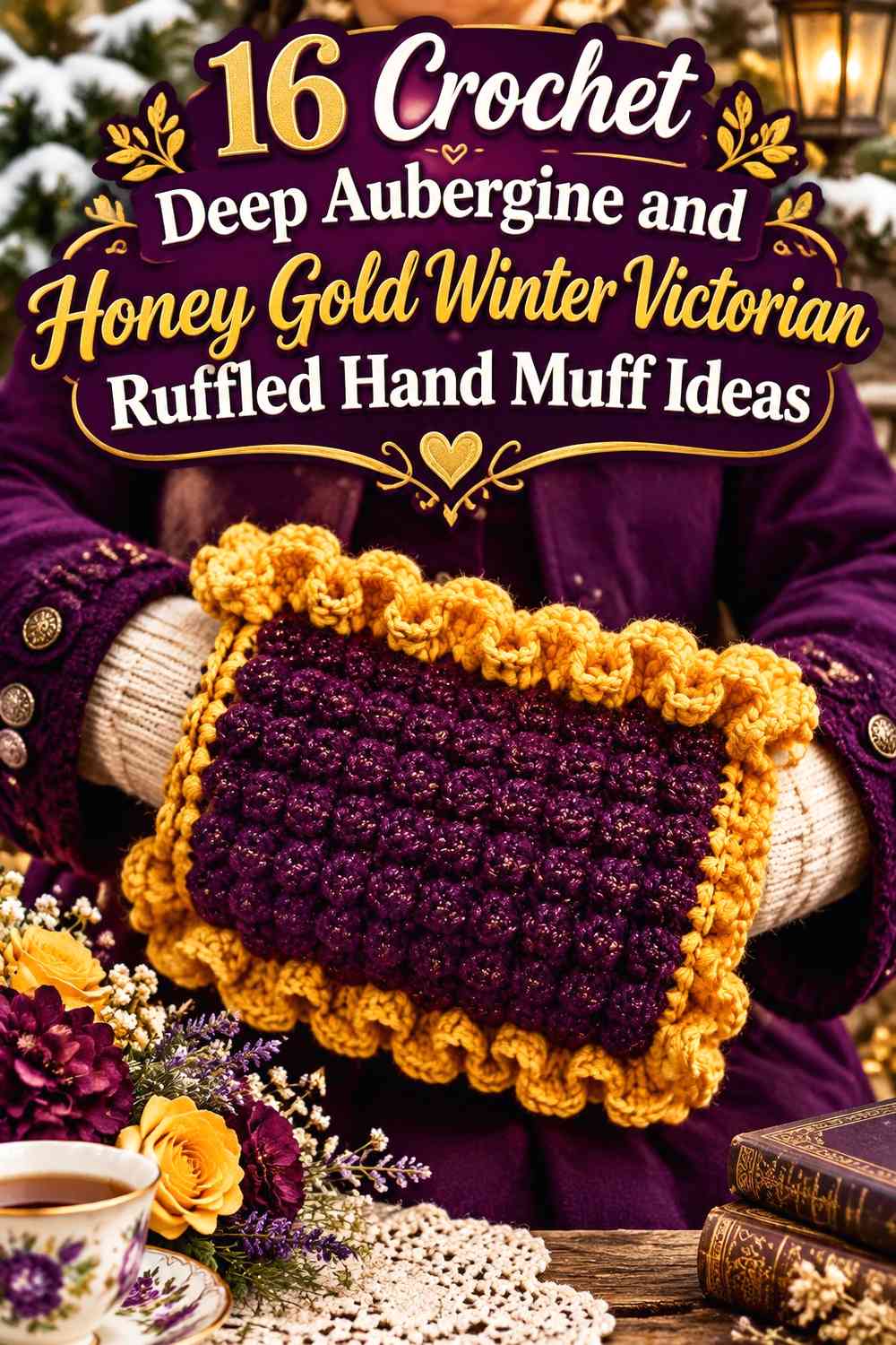 Crochet Deep Aubergine and Honey Gold Winter Victorian Ruffled Hand Muff Ideas