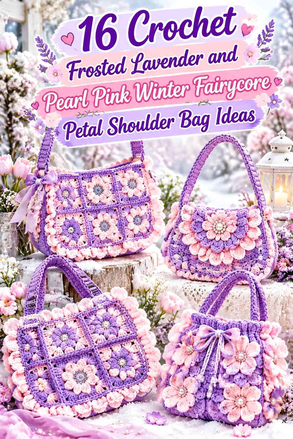 Crochet Frosted Lavender and Pearl Pink Winter Fairycore Petal Shoulder Bag Ideas