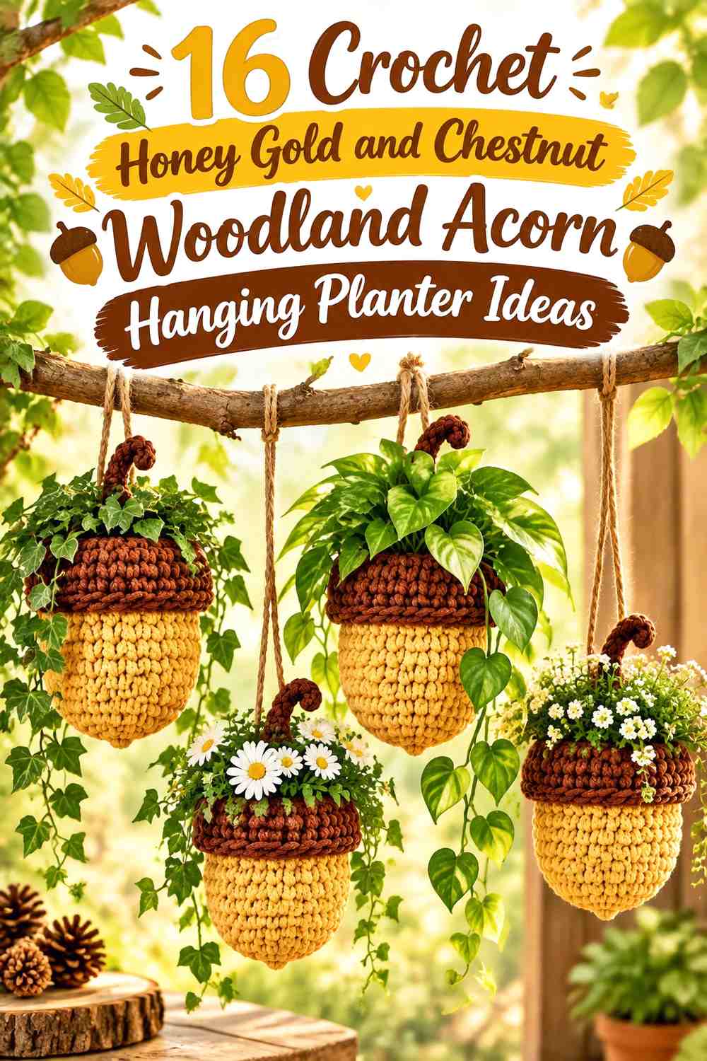 Crochet Honey Gold and Chestnut Woodland Acorn Hanging Planter Ideas
