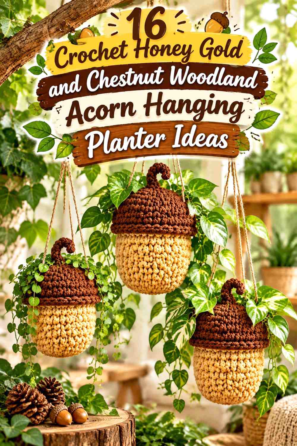 Crochet Honey Gold and Chestnut Woodland Acorn Hanging Planter Ideas