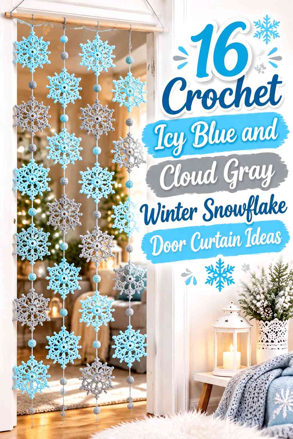 Crochet Icy Blue and Cloud Gray Winter Snowflake Door Curtain Ideas