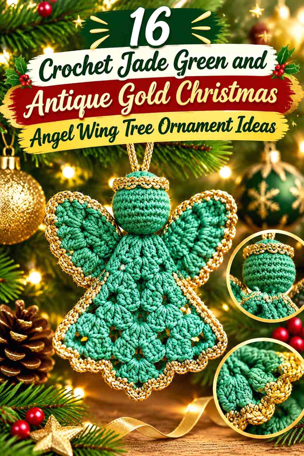 Jade Green and Antique Gold Crochet Christmas Angel Wing Tree Ornament Ideas