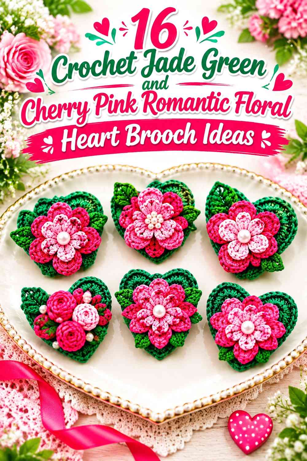 Crochet Jade Green and Cherry Pink Romantic Floral Heart Brooch Ideas