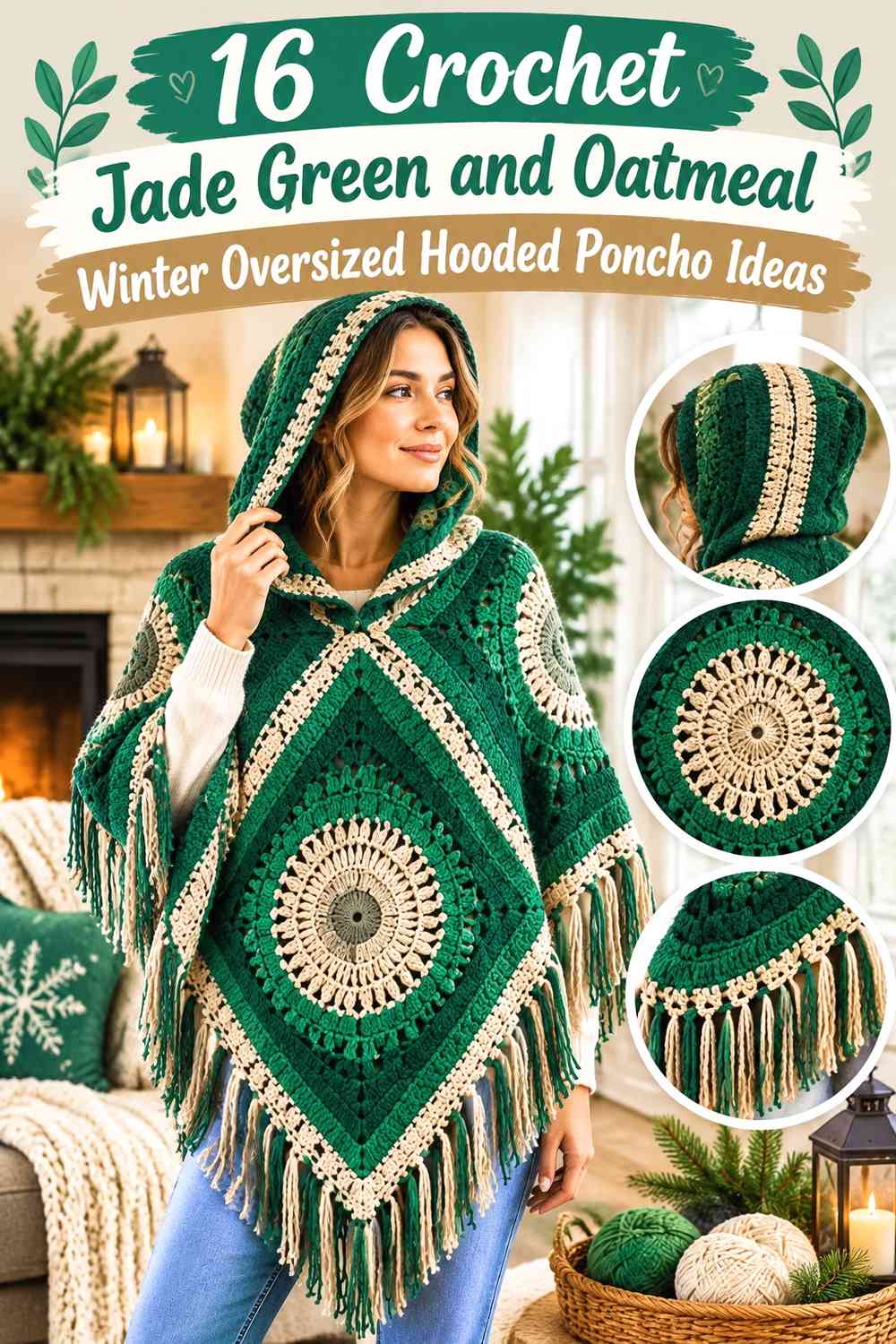 Crochet Jade Green and Oatmeal Winter Oversized Hooded Poncho Ideas