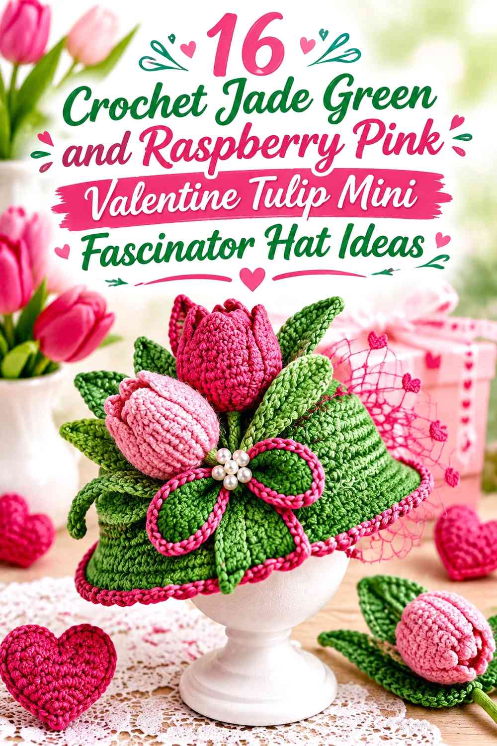 Crochet Jade Green and Raspberry Pink Valentine Tulip Mini Fascinator Hat Ideas