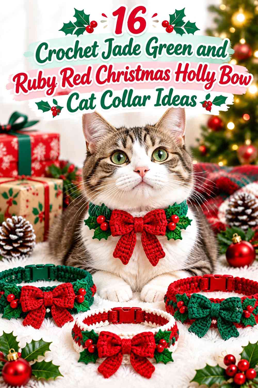 Crochet Jade Green and Ruby Red Christmas Holly Bow Cat Collar Ideas