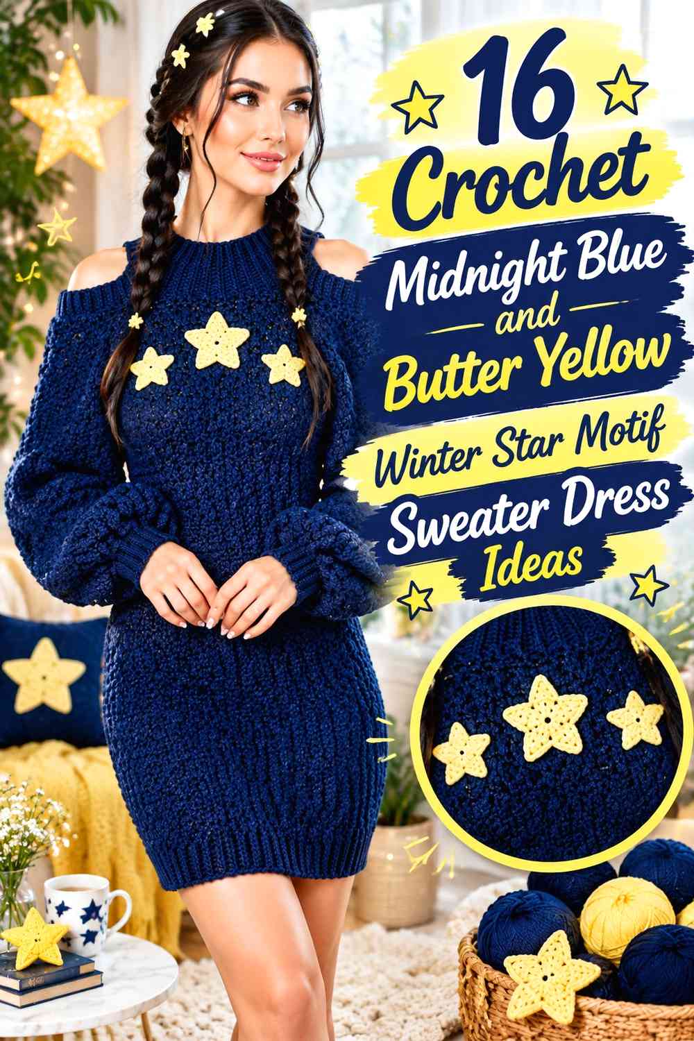 Crochet Midnight Blue and Butter Yellow Winter Star Motif Sweater Dress Ideas