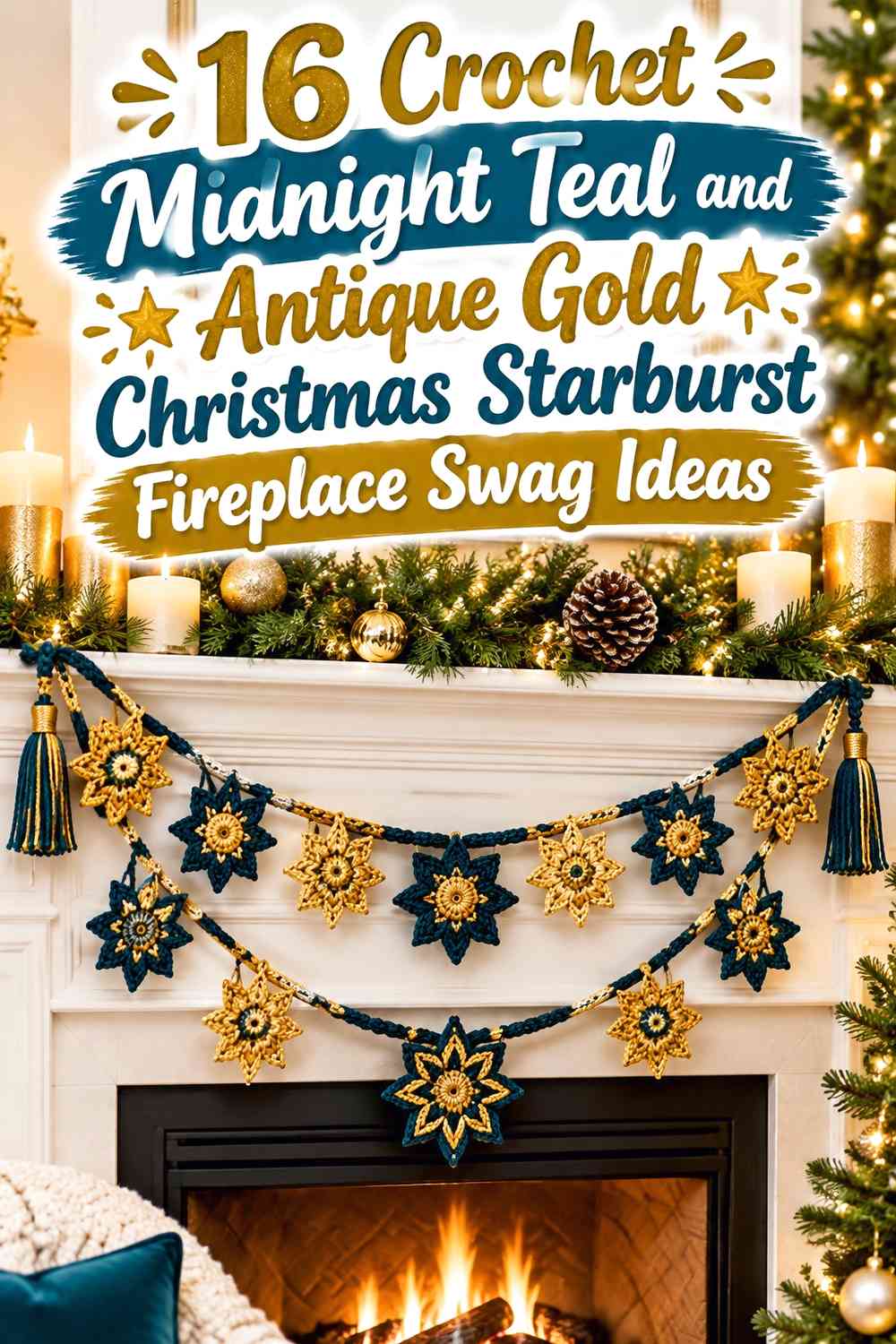 Crochet Midnight Teal and Antique Gold Christmas Starburst Fireplace Swag Ideas