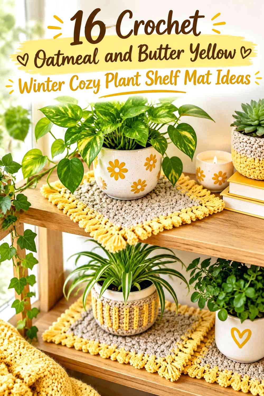 Crochet Oatmeal and Butter Yellow Winter Cozy Plant Shelf Mat Ideas