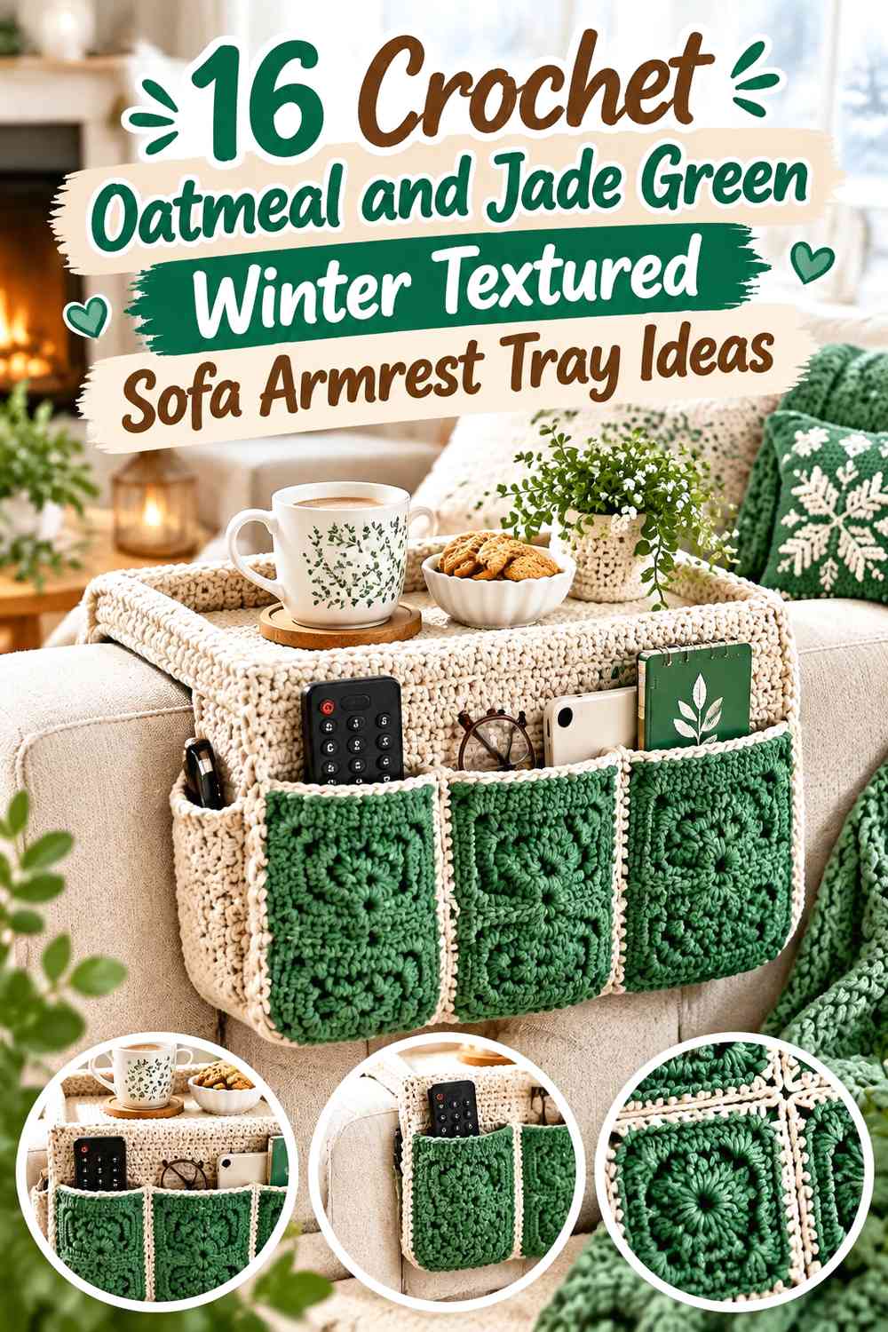 Crochet Oatmeal and Jade Green Winter Textured Sofa Armrest Tray Ideas