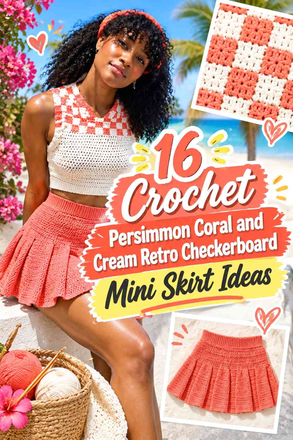 Crochet Persimmon Coral and Cream Retro Checkerboard Mini Skirt Ideas