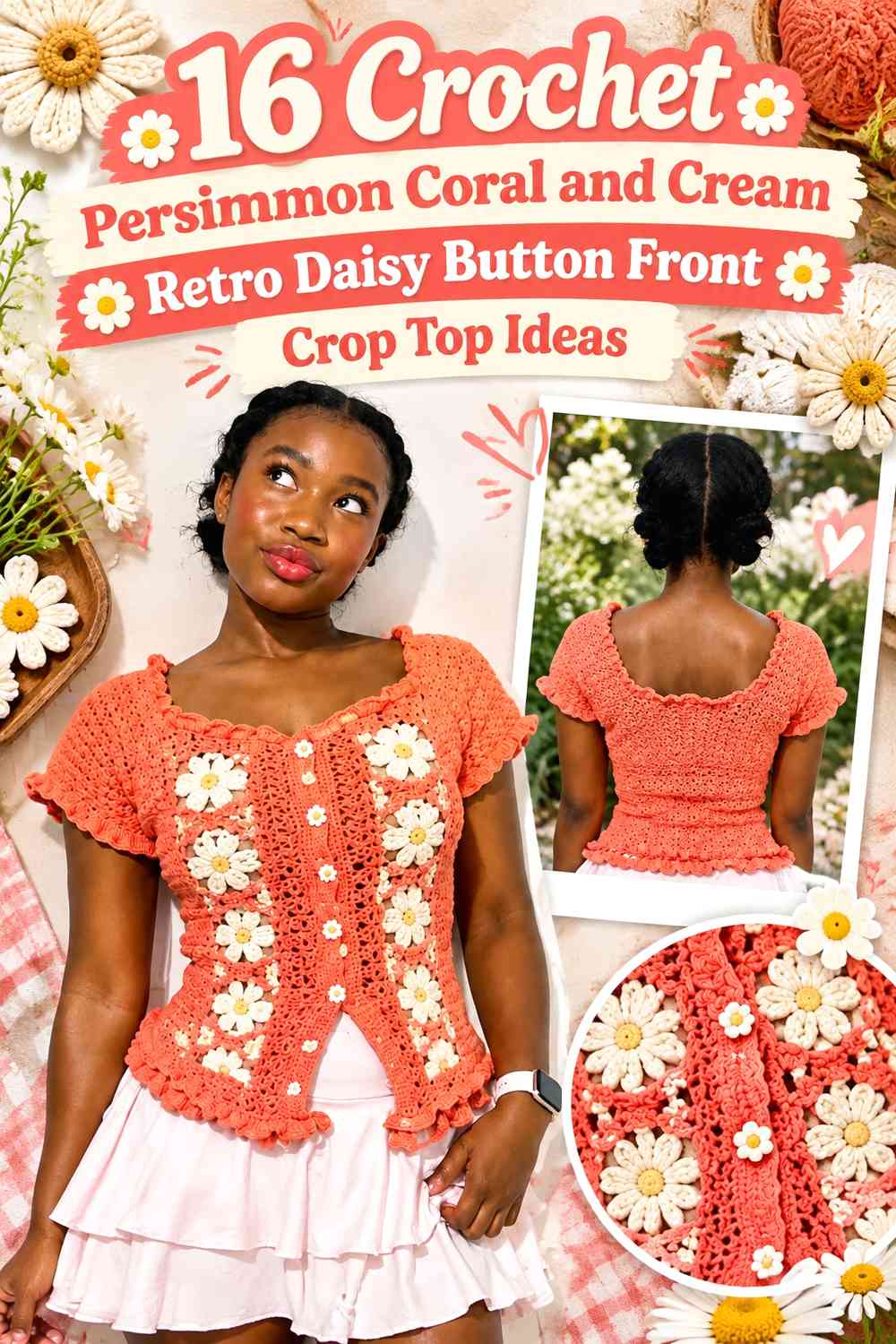Crochet Persimmon Coral and Cream Retro Daisy Button Front Crop Top Ideas
