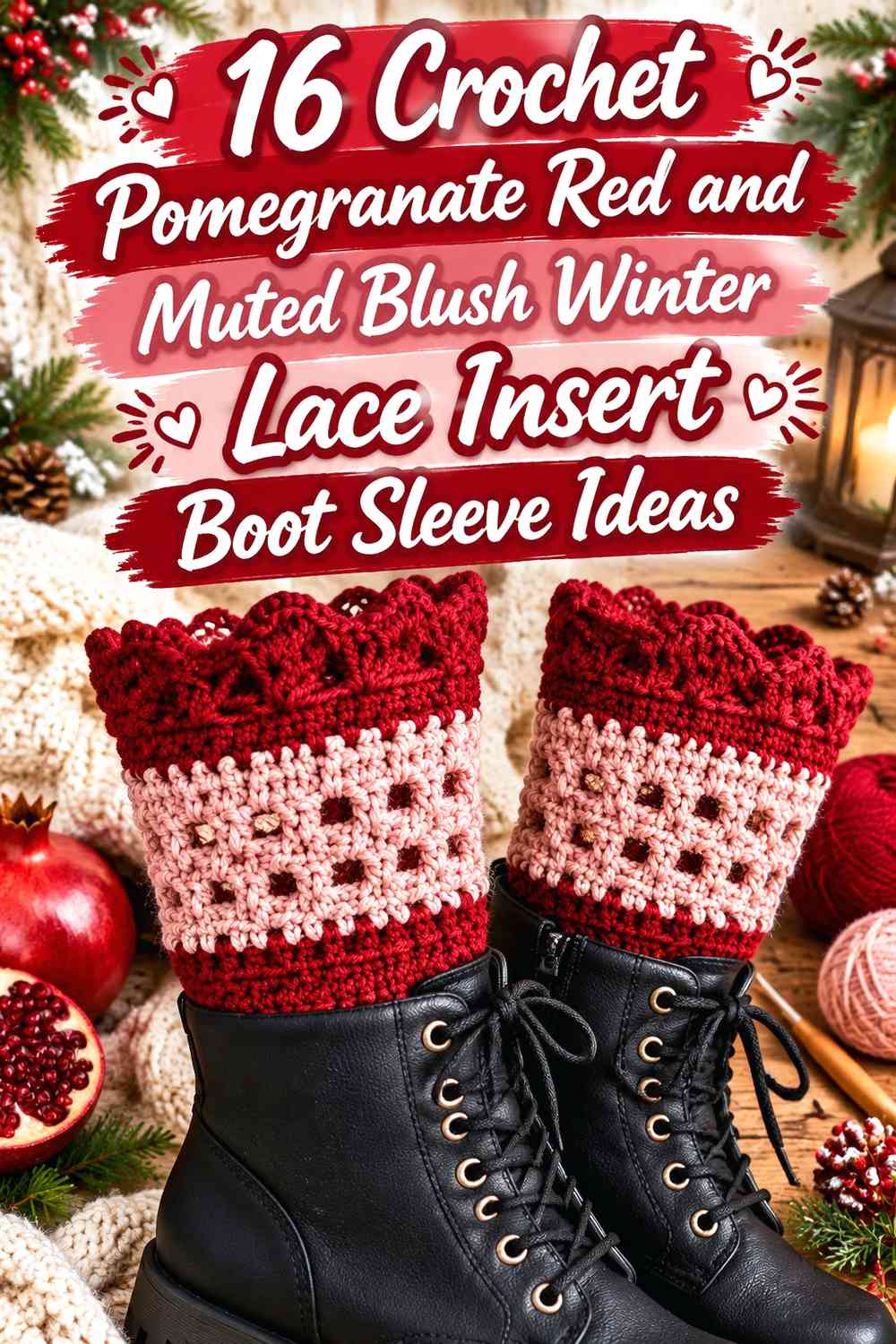 Crochet Pomegranate Red and Muted Blush Winter Lace Insert Boot Sleeve Ideas