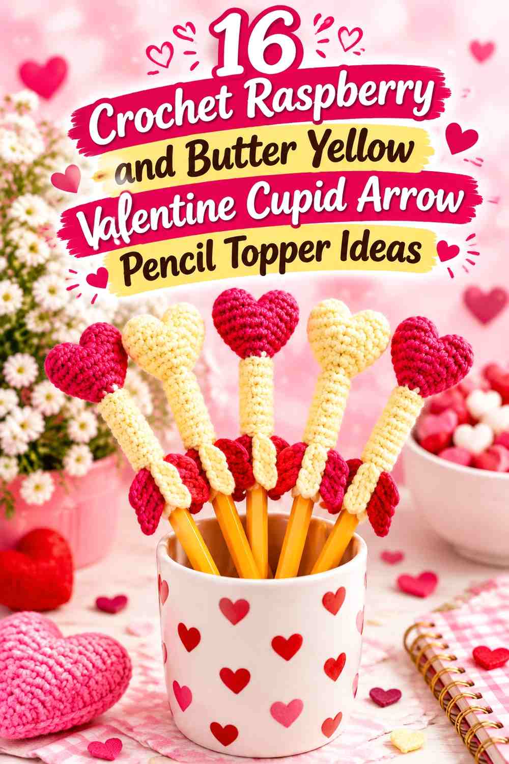 Crochet Raspberry and Butter Yellow Valentine Cupid Arrow Pencil Topper Ideas