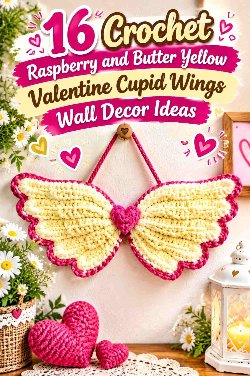 Crochet Raspberry and Butter Yellow Valentine Cupid Wings Wall Decor Ideas