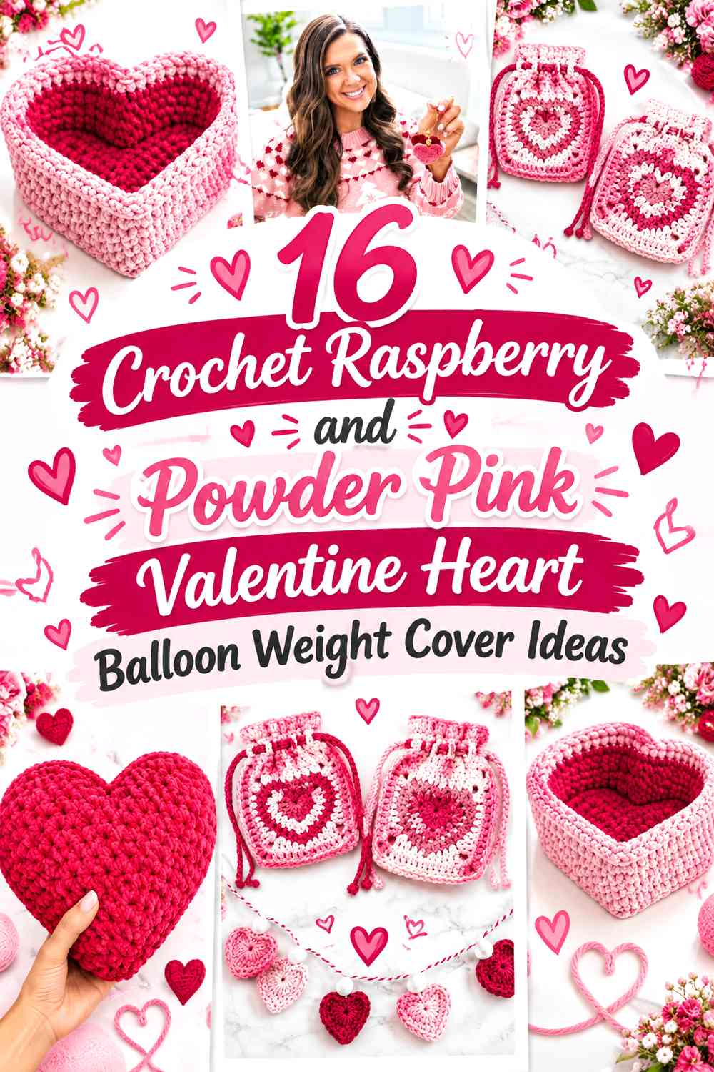 Crochet Raspberry and Powder Pink Valentine Heart Balloon Weight Cover Ideas