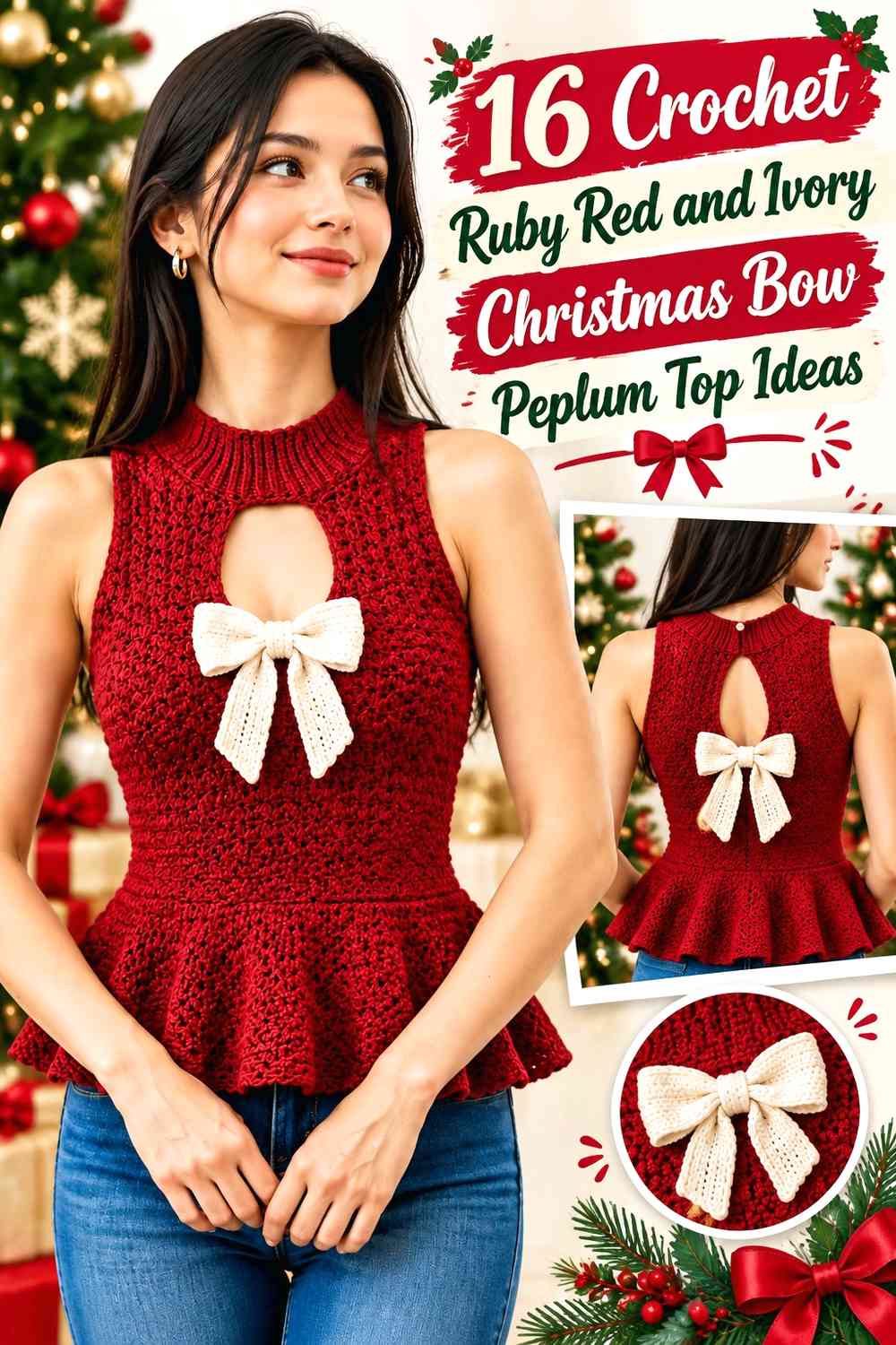 Crochet Ruby Red and Ivory Christmas Bow Peplum Top Ideas
