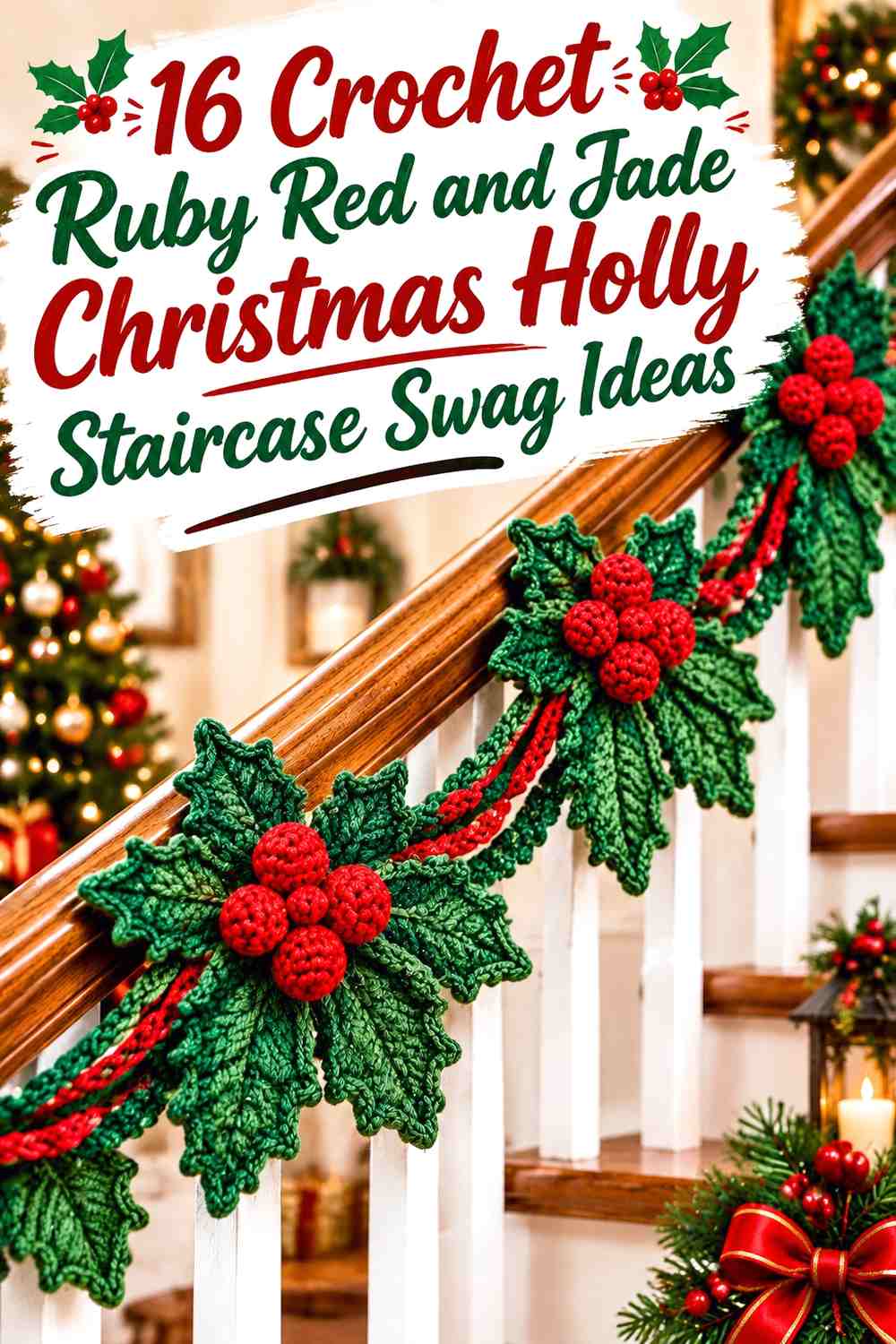 Crochet Ruby Red and Jade Christmas Holly Staircase Swag Ideas