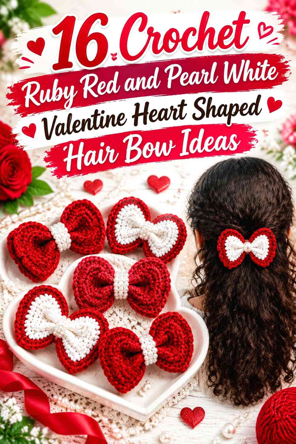 Crochet Ruby Red and Pearl White Valentine Heart Shaped Hair Bow Ideas