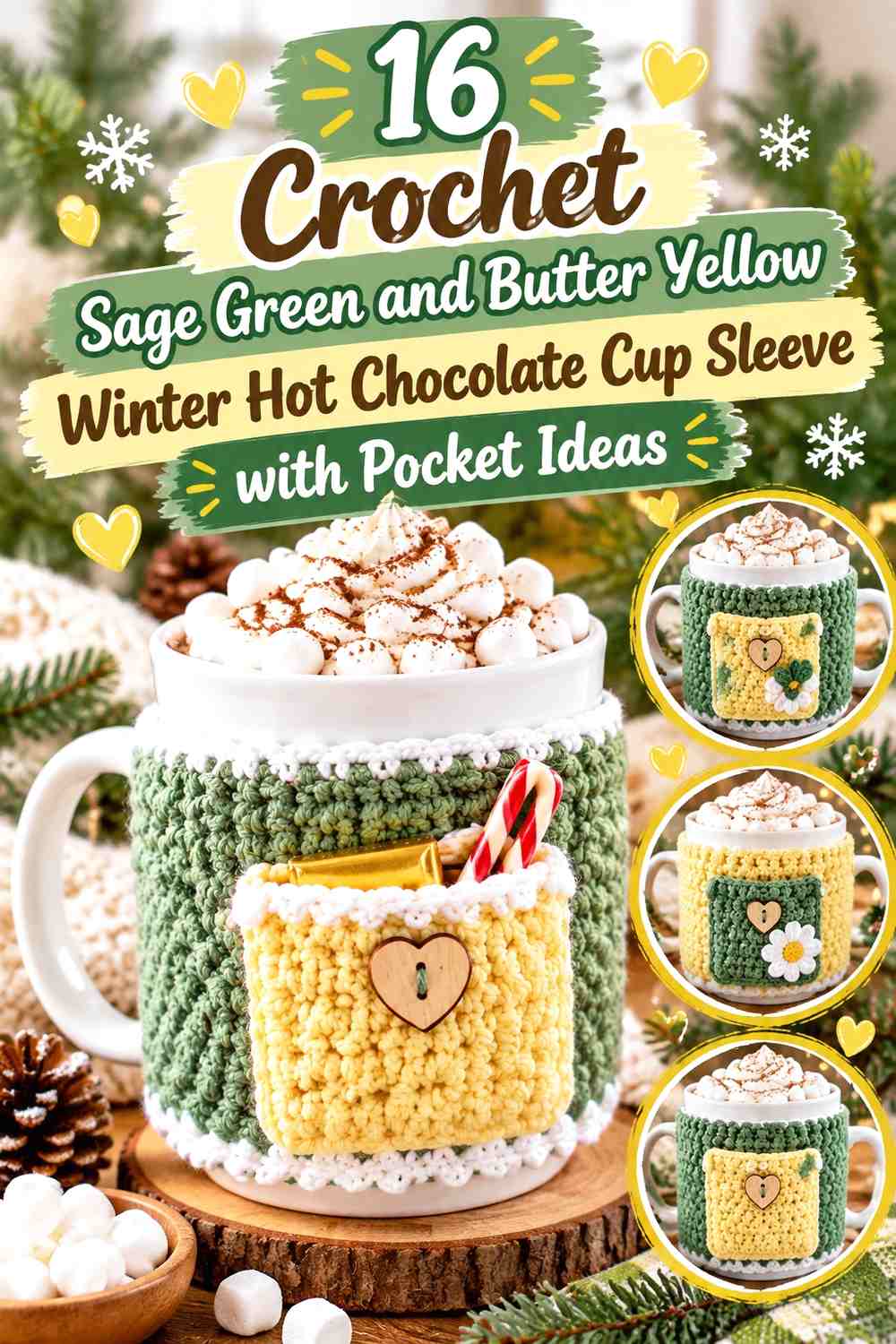 Crochet Sage Green and Butter Yellow Winter Hot Chocolate Cup Sleeve with Pocket Ideas